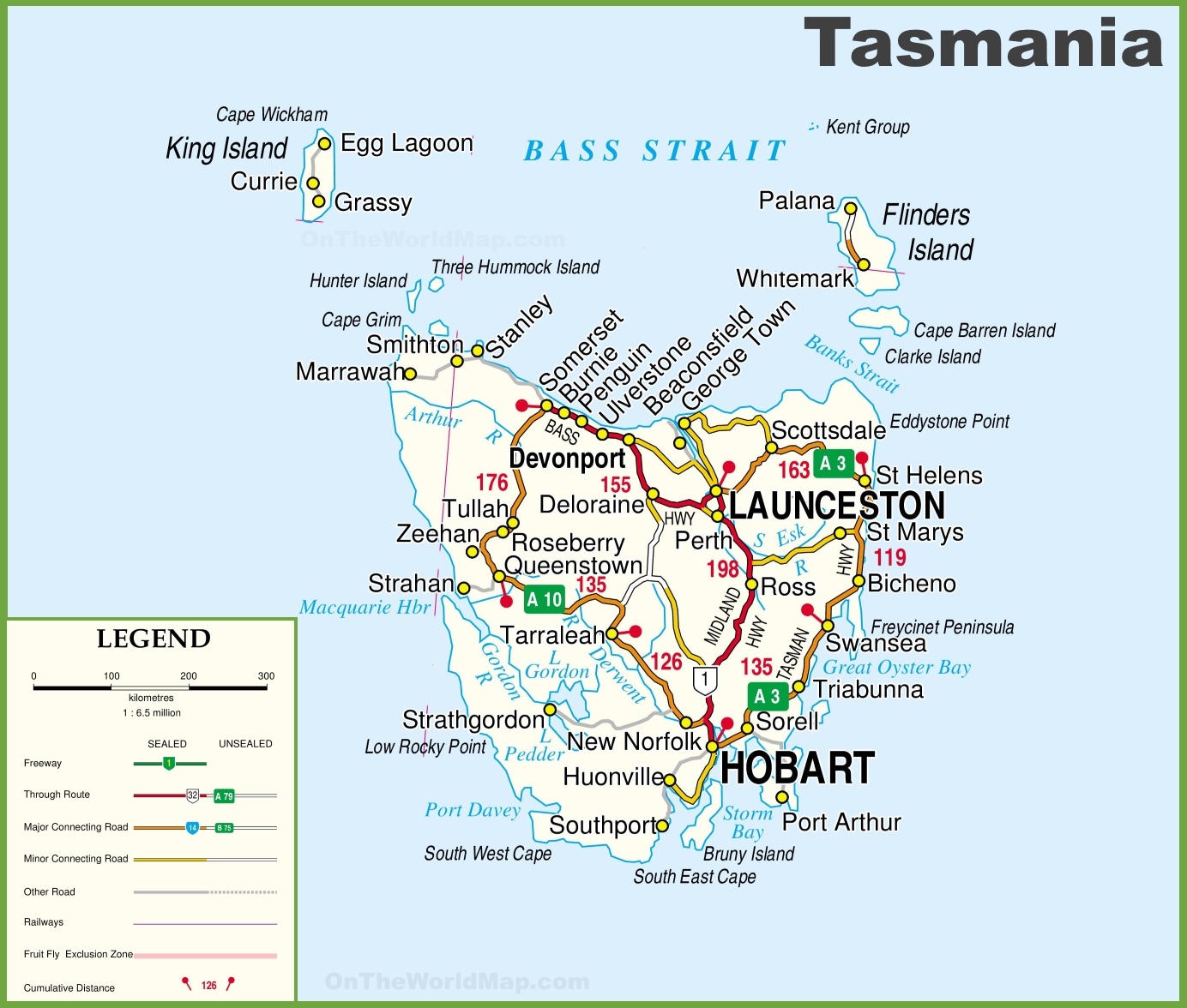Detailed Tasmania Road Map With Cities And Towns Ontheworldmap
