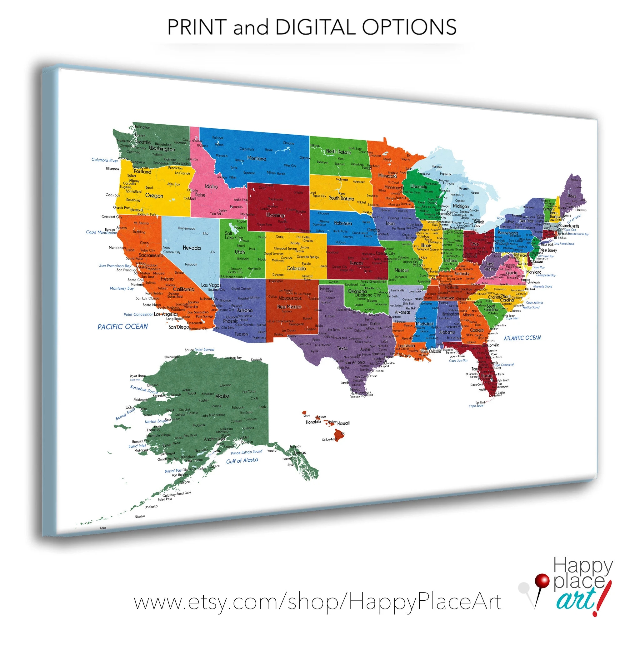 Detailed USA Map With Cities And States Labels US Map Print With City Names And State Names Added Neutral Colors Push Pin Map Idea