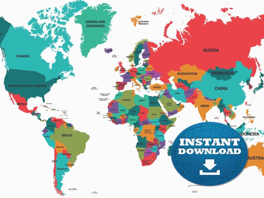 Digital Colorful Political World Map Printable Download World Map Digital Instant Download Map Colorful Countries World Map Etsy