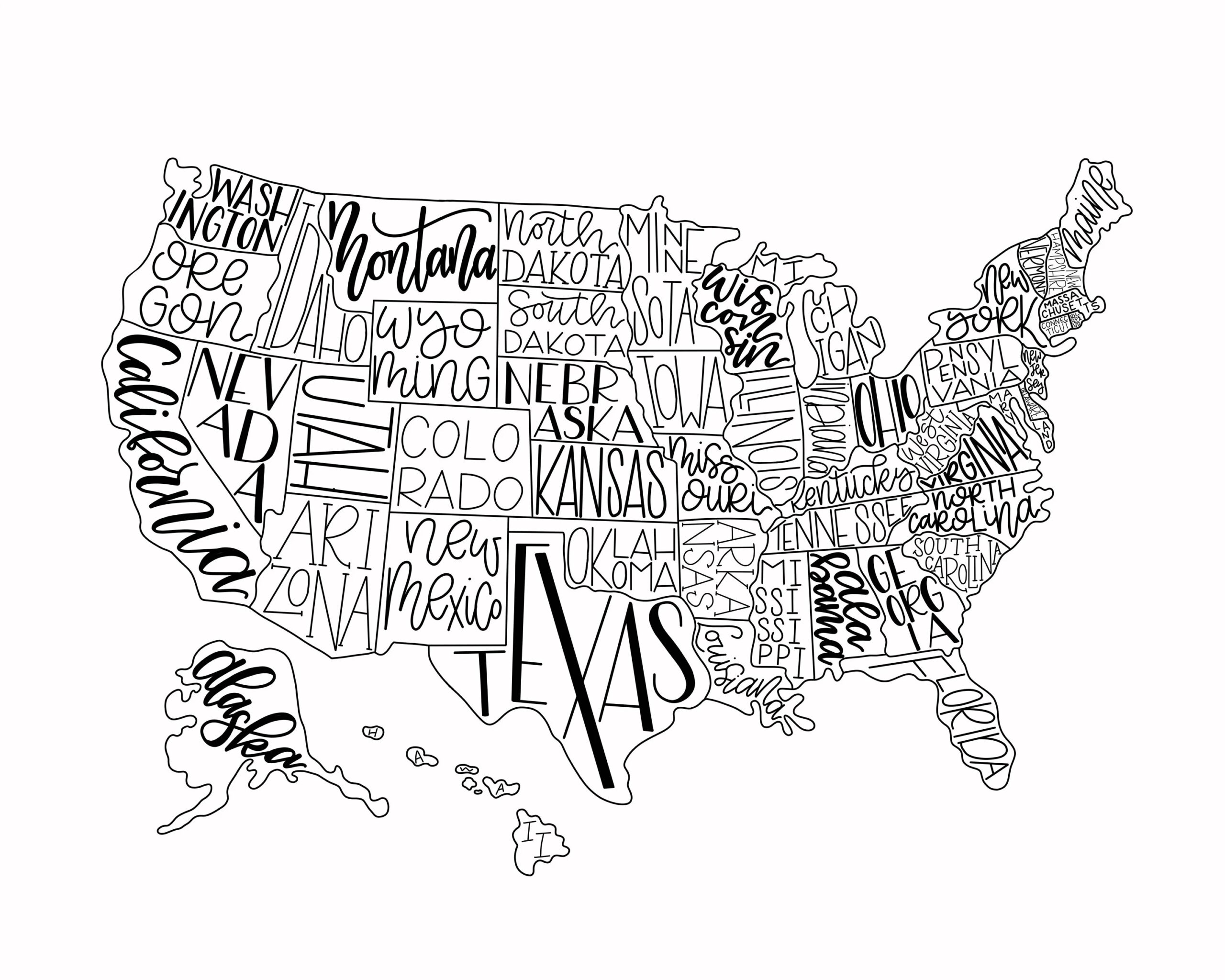 Digital Download USA Map Printable Hand Lettered United States Of America Travel Poster Digital Print Kids Wall Decor Downloadable Etsy