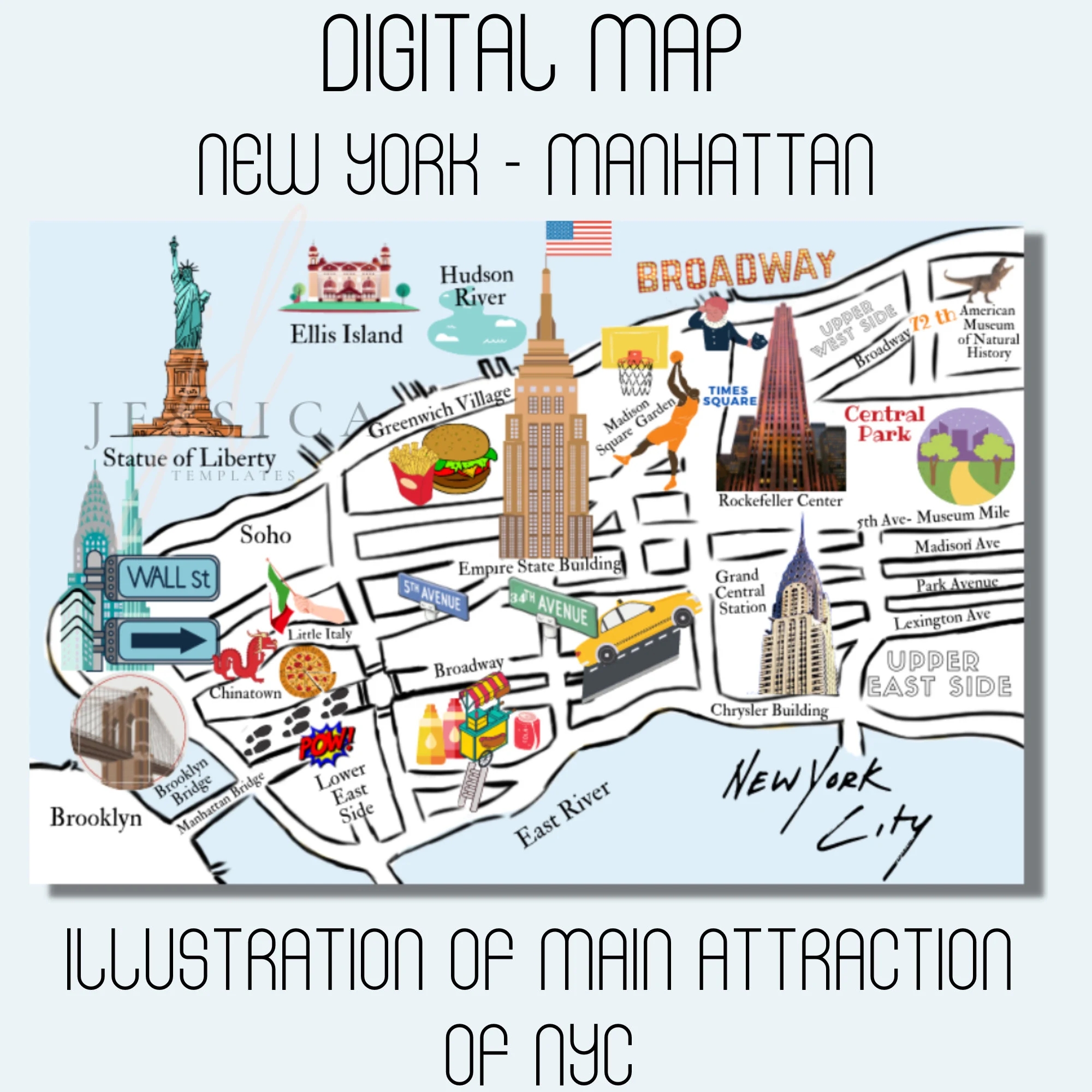 DIGITAL New York Map New York Illustrated Map Hand Lettered Map Map Of New York Watercolour Map NYC Map art Print Gift wall Decor Etsy