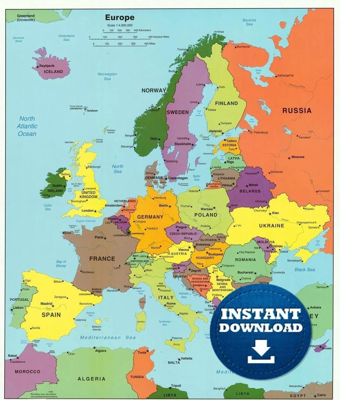 Digital Political Colorful Map Of Europe Ready To Print Map Lively Europe Map Countries Of Europe European Continent Map Poster Etsy