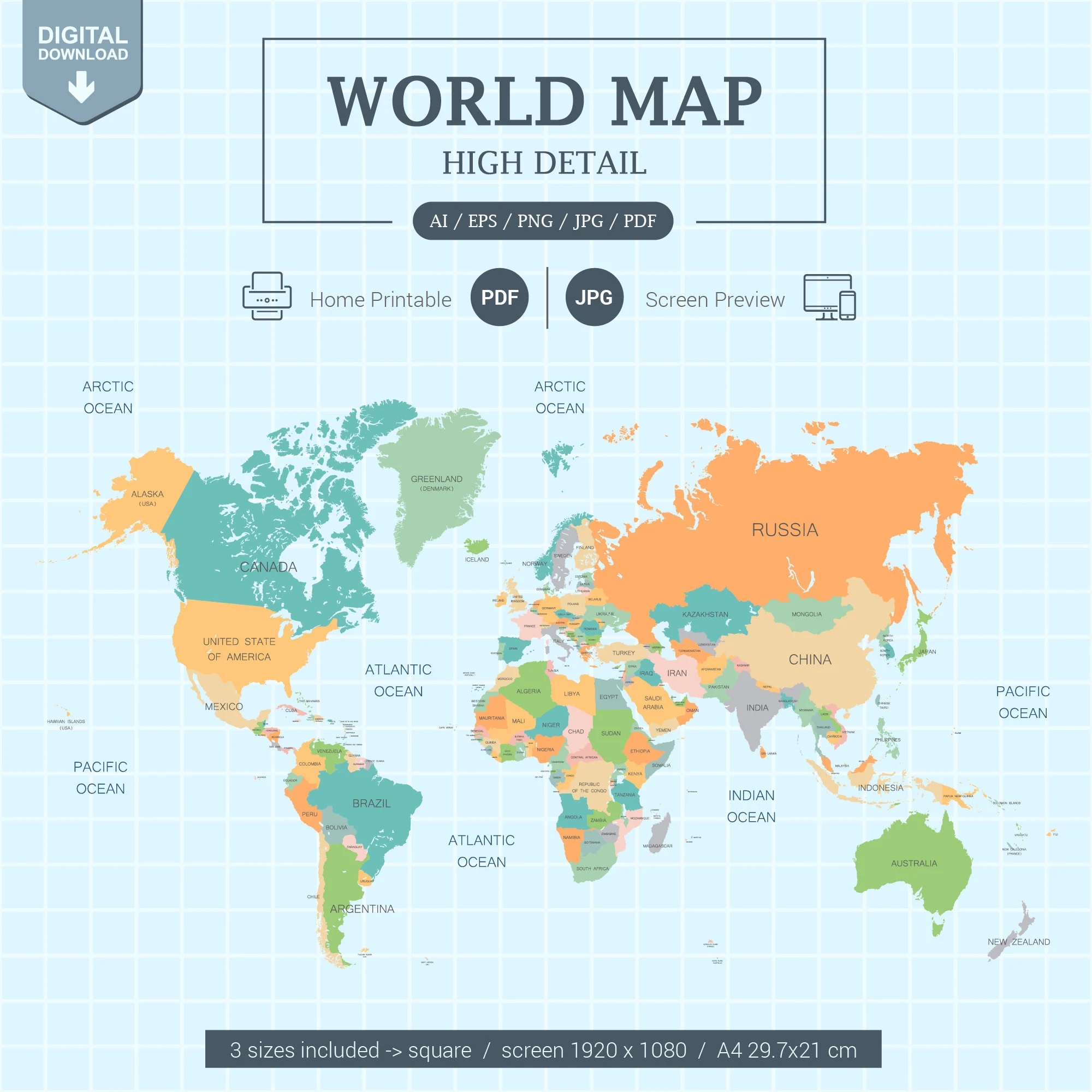 Digital World Map Full Color With Countries Printable Poster Large Size And A4 PDF Screen View Size And Illustrator Editable Etsy