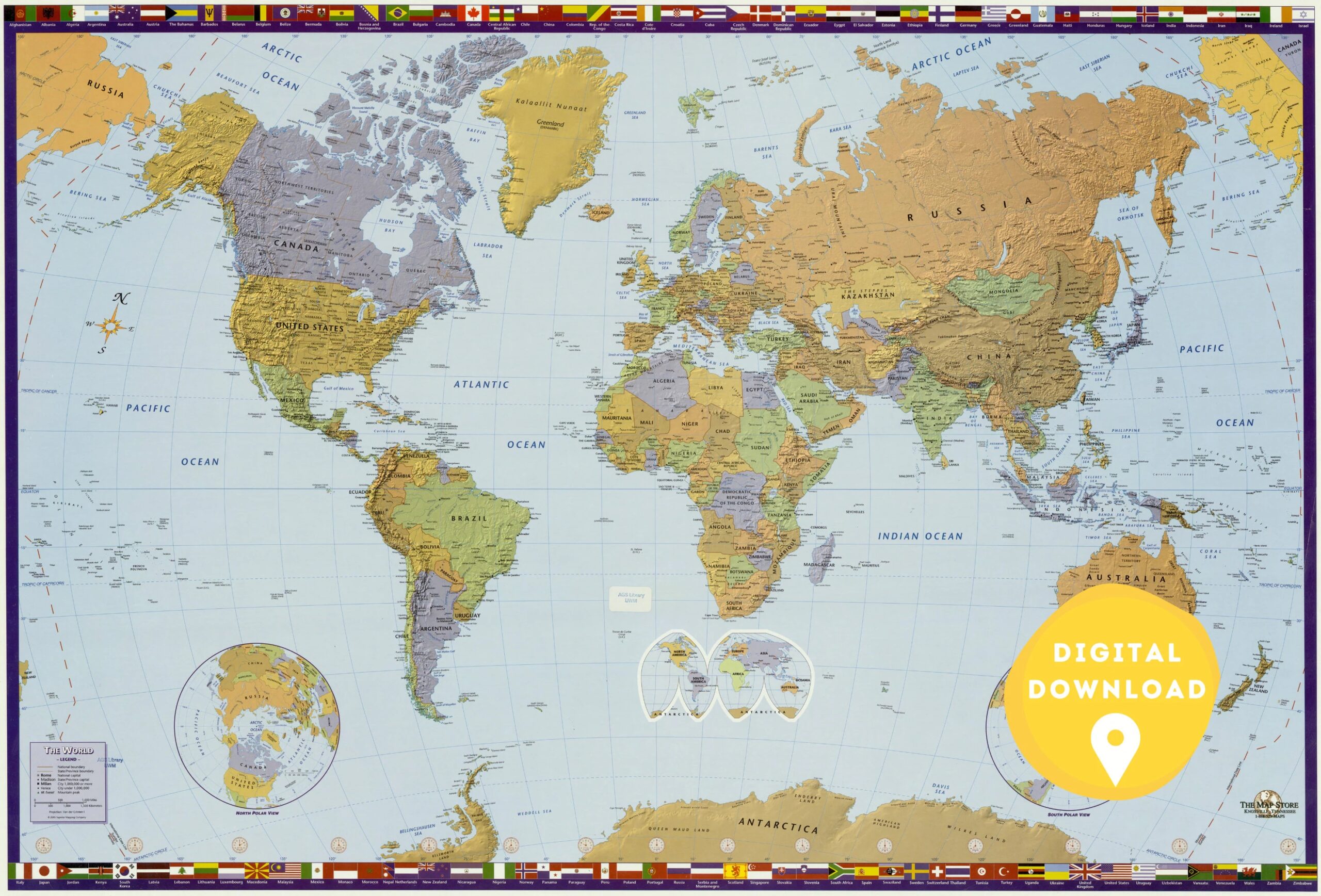 Digital World Political Map Printable Political Map World Map Poster Countries Of The World World Wall Art Poster World Map Etsy