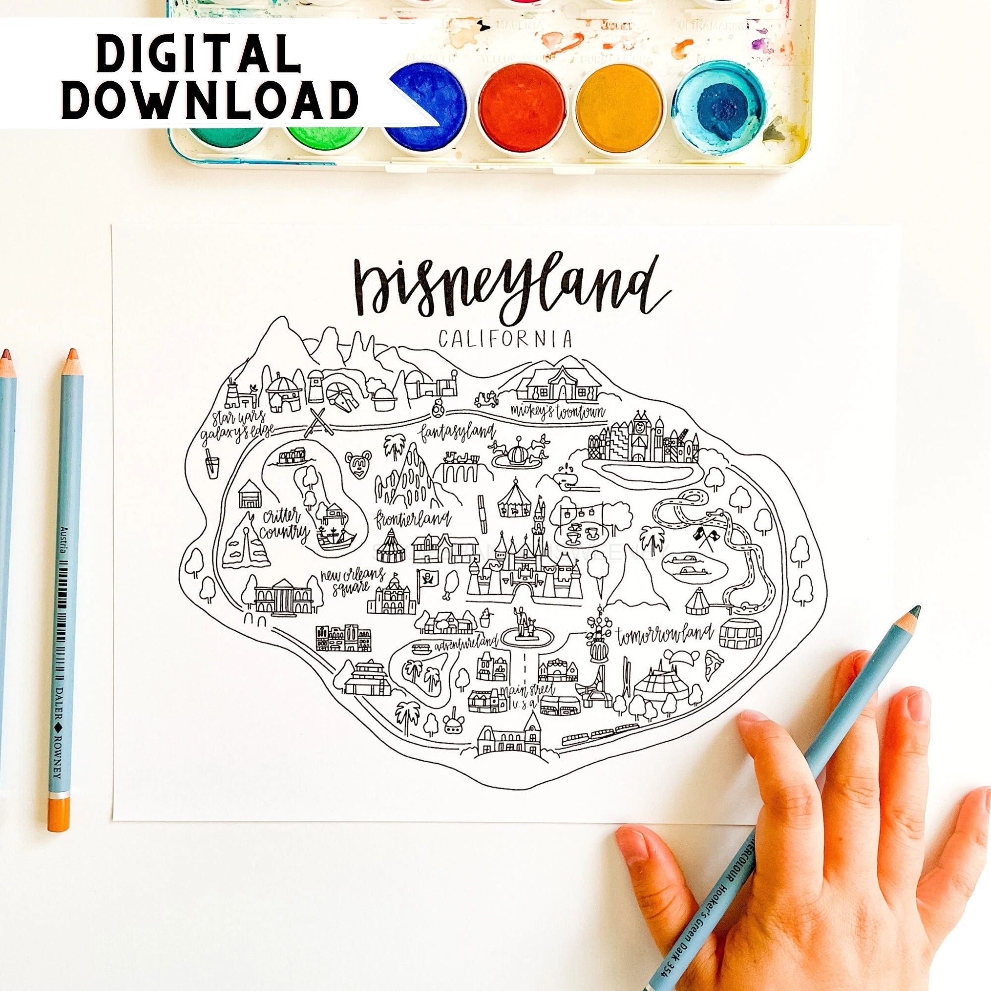 Disneyland Map Coloring Page DIGITAL DOWNLOAD Disneyland Print Out Disneyland Art Disneyland Sticker Disneyland Watercolor Etsy