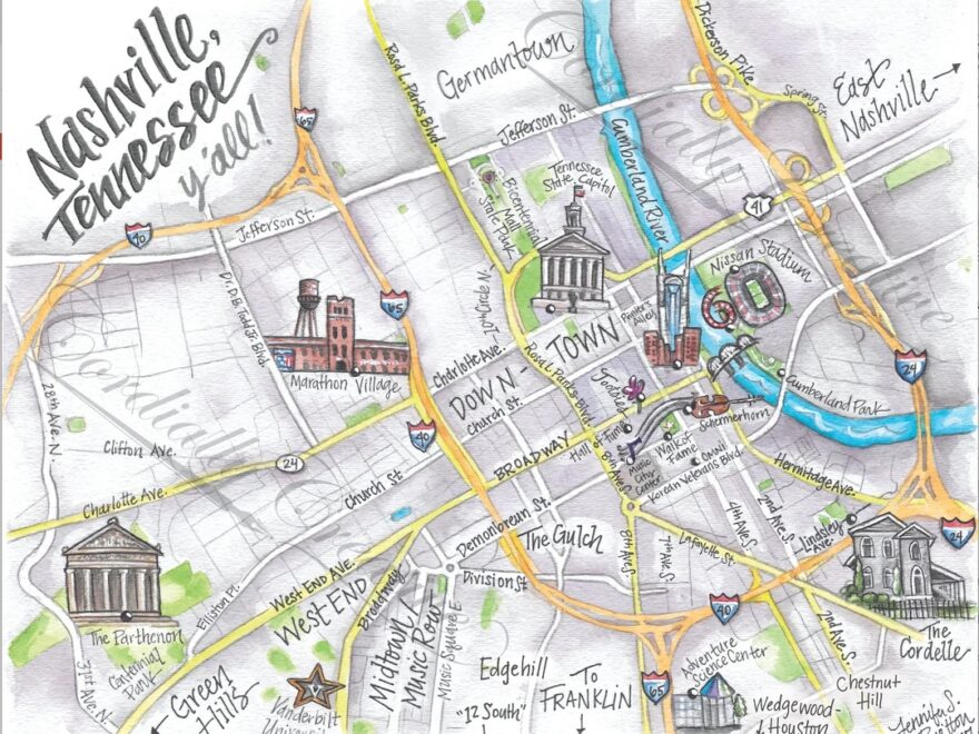 Downtown Nashville Map Watercolor Illustration Print Digitally Printed On White Linen Stock Hand Drawn Map Tennessee Etsy New Zealand