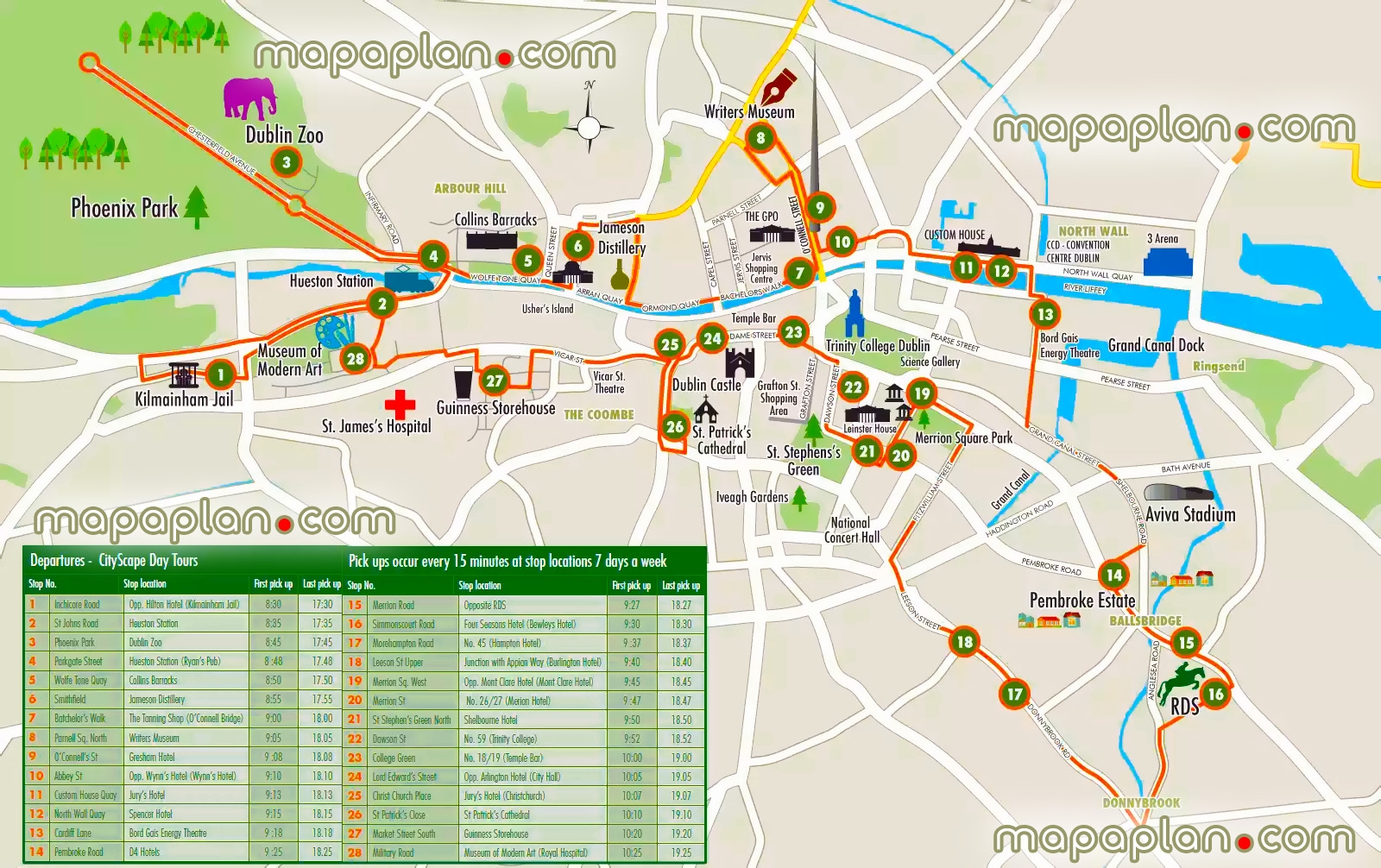 Dublin Top Tourist Attractions Map Hop on Hop off Bus Map Of Dublin Cityscape Tour Map Showing Travel Sites Landmarks Including Dublin Castle Guinness Storehouse Aviva Stadium