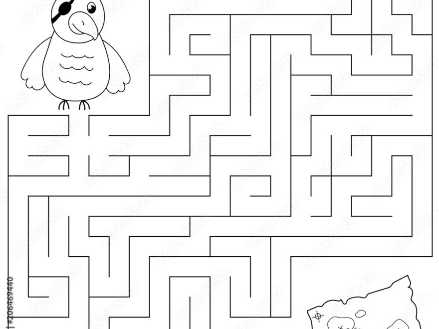 Educational Maze Game For Kids Help The Pirate Parrot Find The Way To The Treasure Map Coloring Page Vector Illustration Stock Vector Adobe Stock