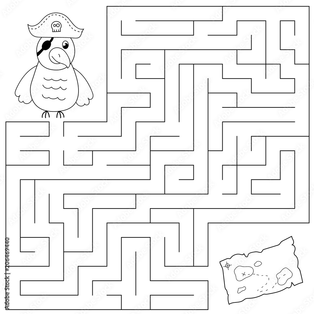 Educational Maze Game For Kids Help The Pirate Parrot Find The Way To The Treasure Map Coloring Page Vector Illustration Stock Vector Adobe Stock