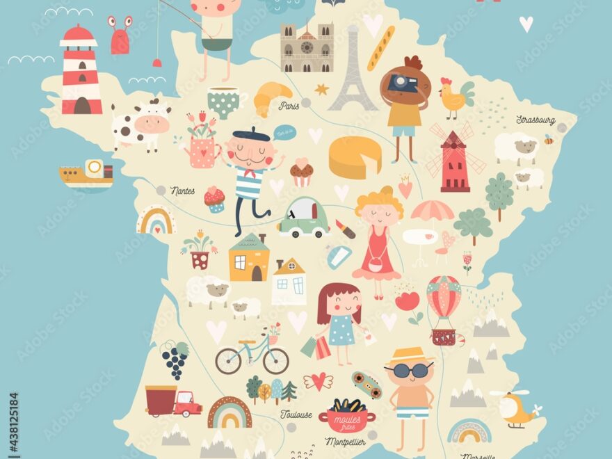 France Map Kids Nursery Poster Print French Elements People Symbols Fun Tutorial Vector Illustration Stock Vector Adobe Stock