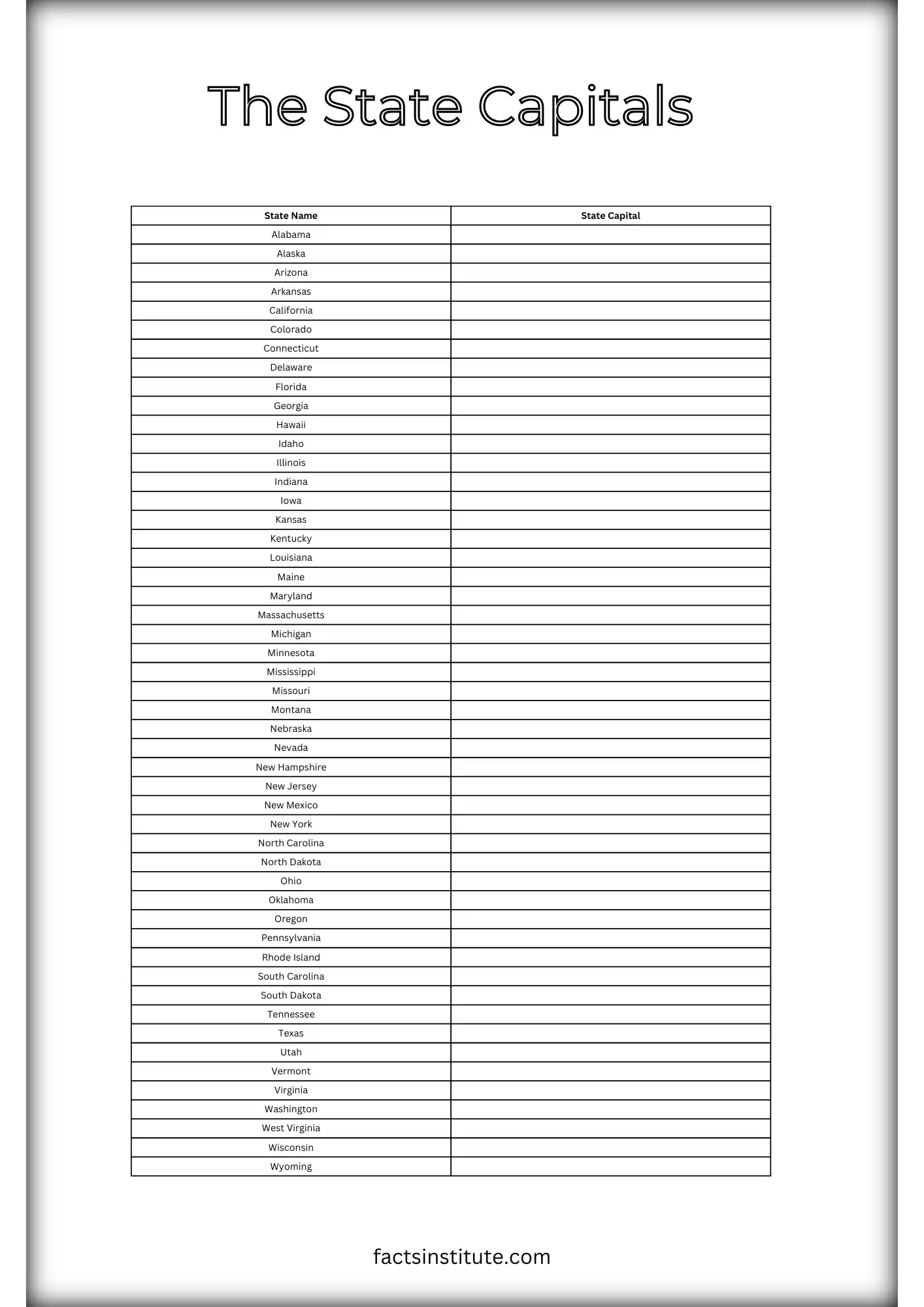 Printable States And Capitals Map Quiz