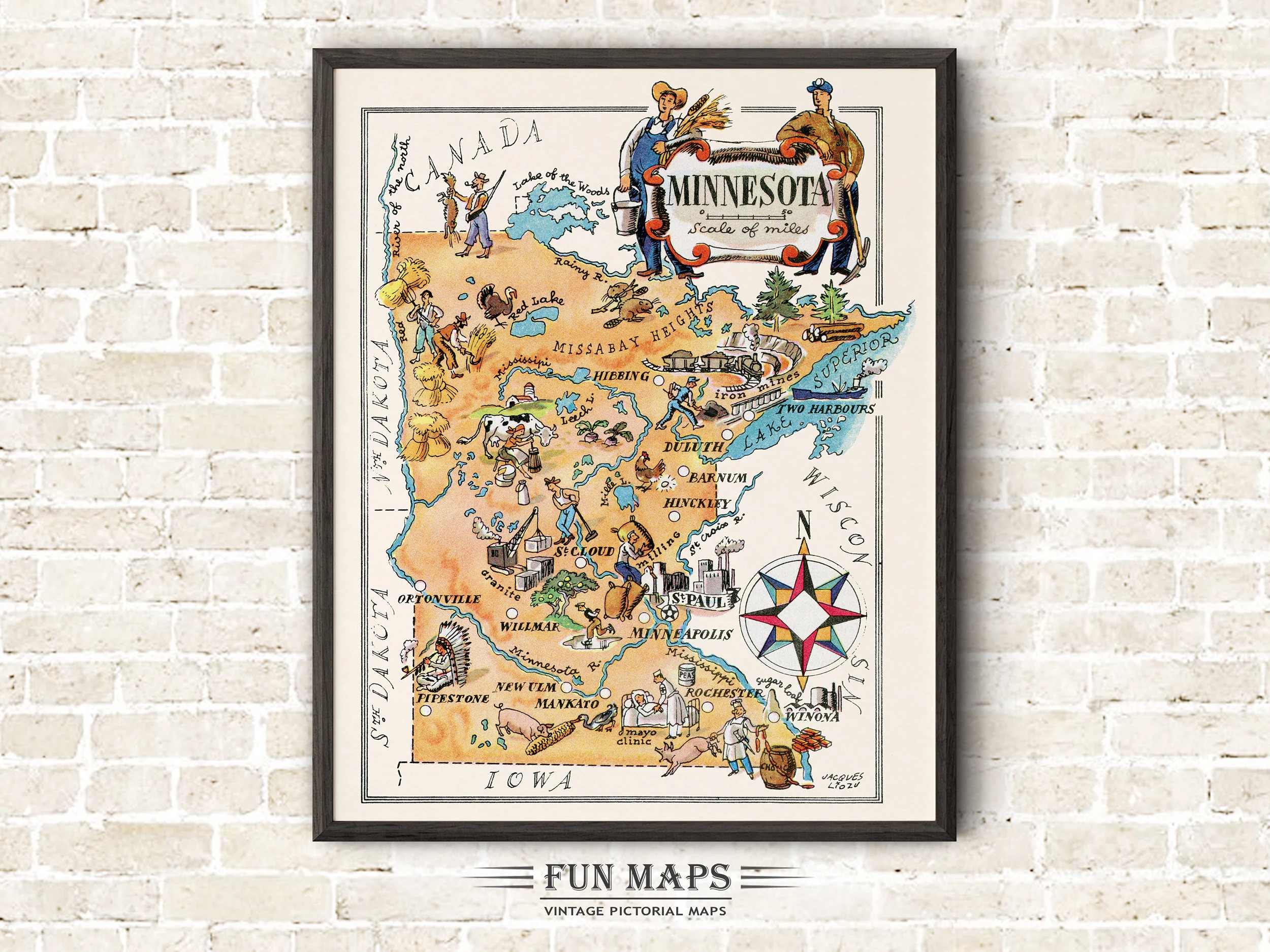 Fun State Map Of Minnesota Vintage Pictorial Whimsical Cartoon Print Illustration Adventure Wall Art D cor Gift Poster Etsy