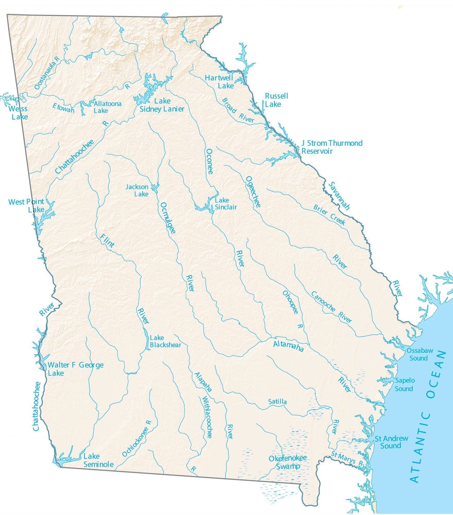 Georgia Lakes And Rivers Map GIS Geography