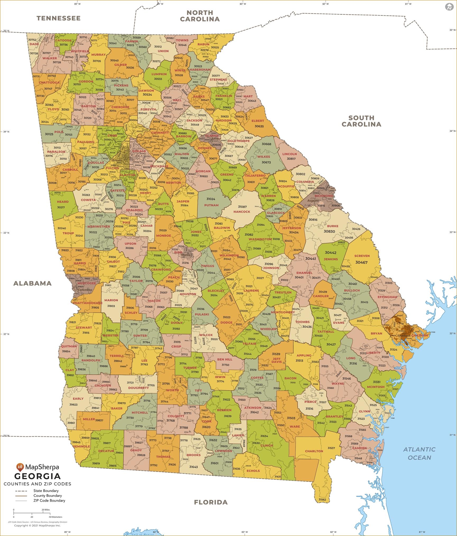 Georgia ZIP Code Map With Counties By MapSherpa The Map Shop