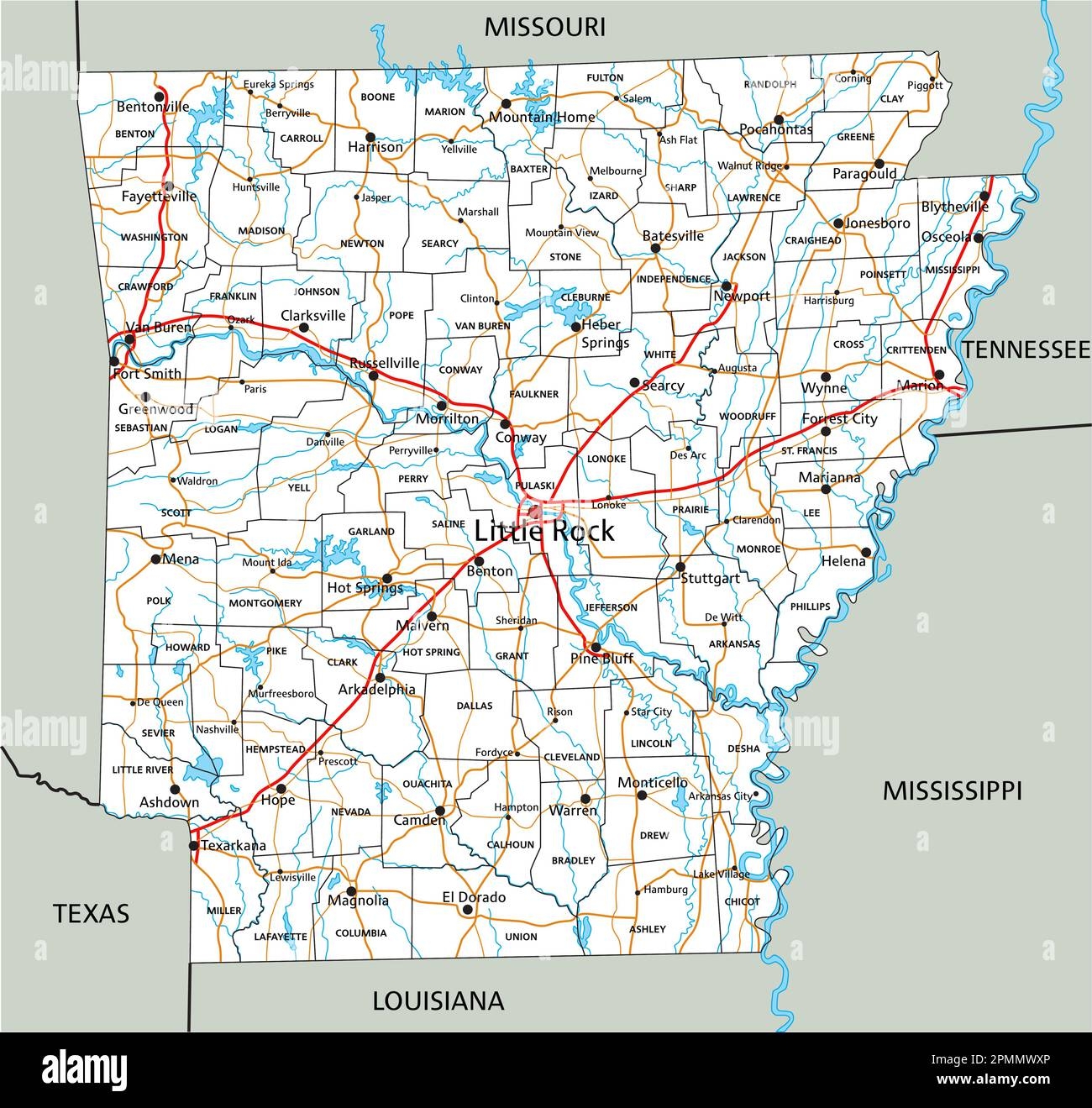 High Detailed Arkansas Road Map With Labeling Stock Vector Image Art Alamy
