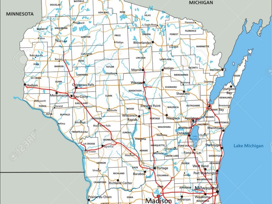 High Detailed Wisconsin Road Map With Labeling Royalty Free SVG Cliparts Vectors And Stock Illustration Image 180796907