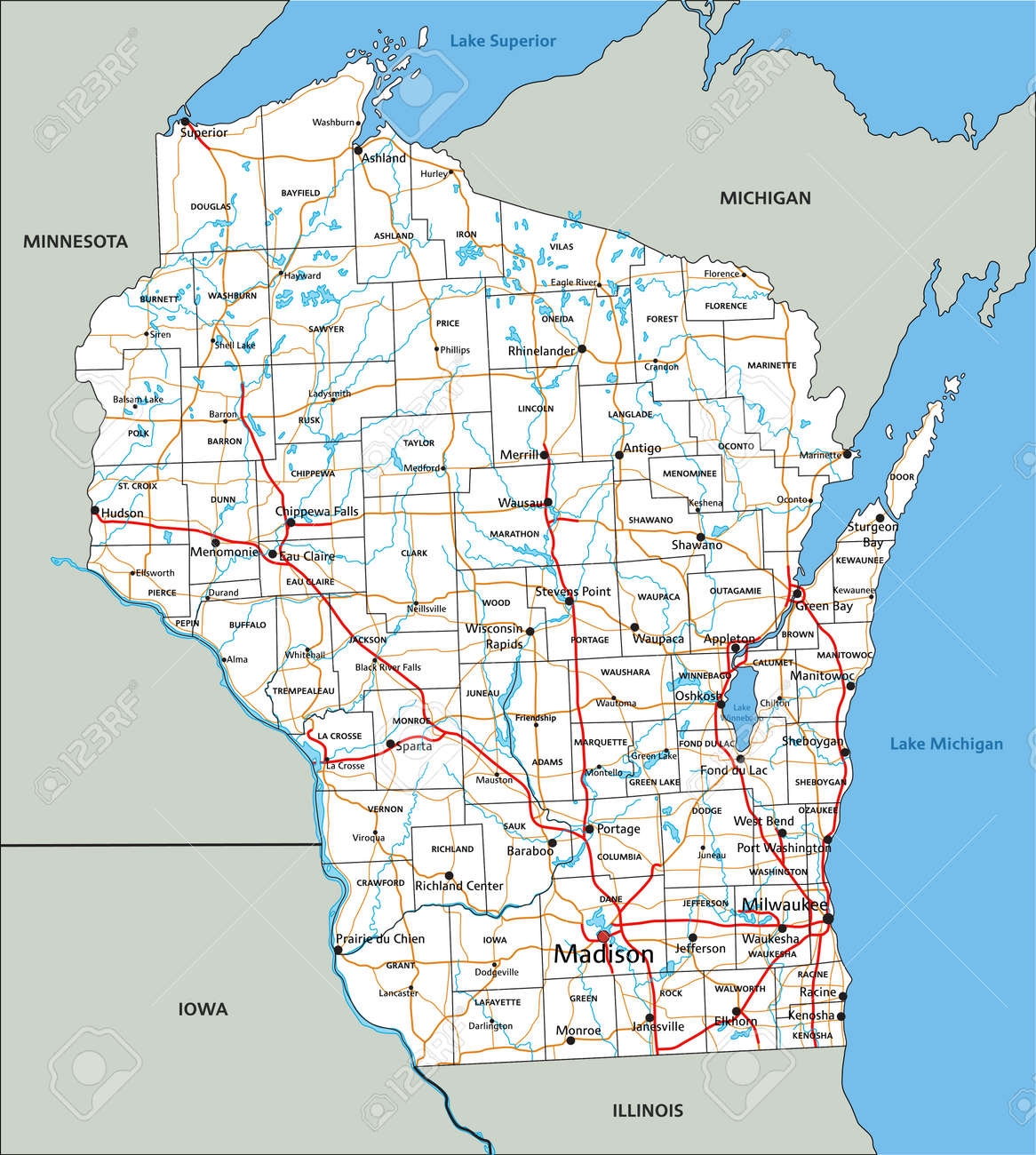 High Detailed Wisconsin Road Map With Labeling Royalty Free SVG Cliparts Vectors And Stock Illustration Image 180796907 