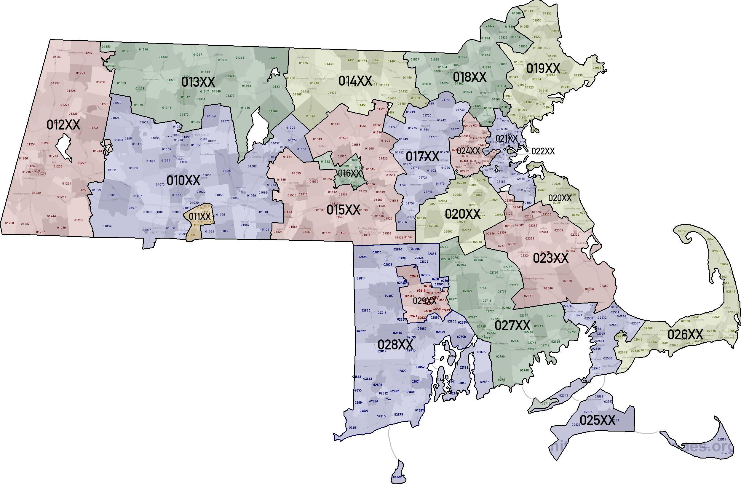 I Made A Map Showcasing The Zip Code Groupings In Massachusetts And Rhode Island R massachusetts
