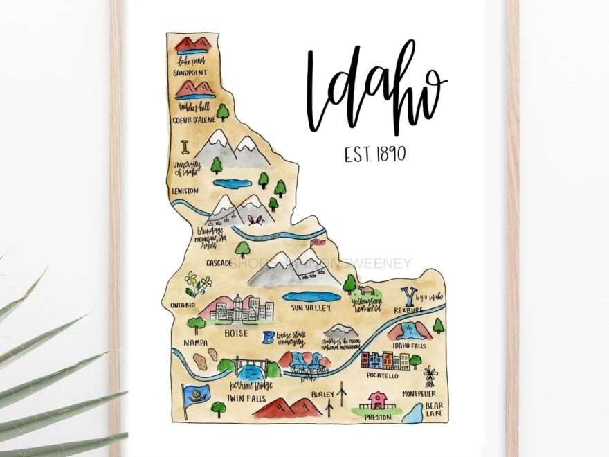 Idaho State Illustrated Map Digital Print FREE SHIPPING Watercolor Idaho Map Idaho Illustration Idaho Print Idaho Art Idaho Pride Etsy