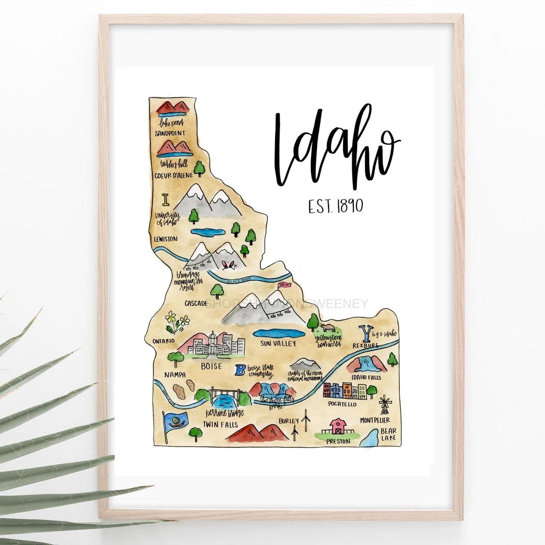 Idaho State Illustrated Map Digital Print FREE SHIPPING Watercolor Idaho Map Idaho Illustration Idaho Print Idaho Art Idaho Pride Etsy