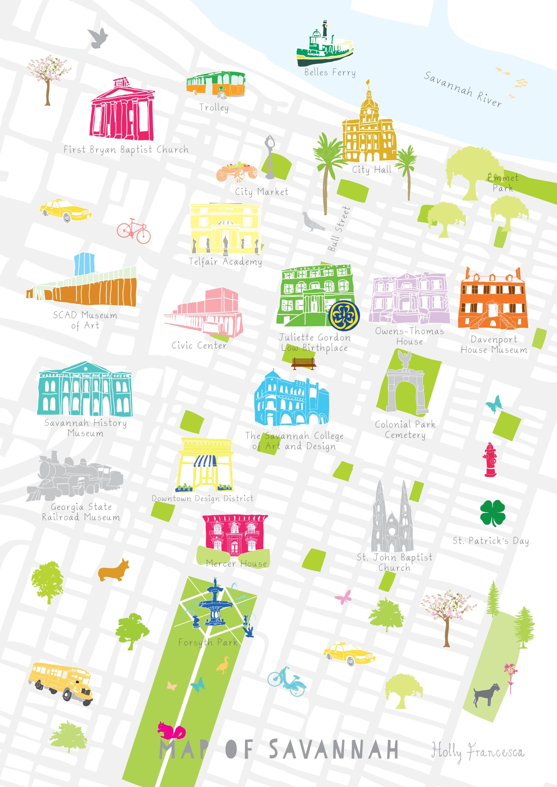 Illustrated Hand Drawn Map Of Savannah Georgia Art Print By Artist Holly Francesca 