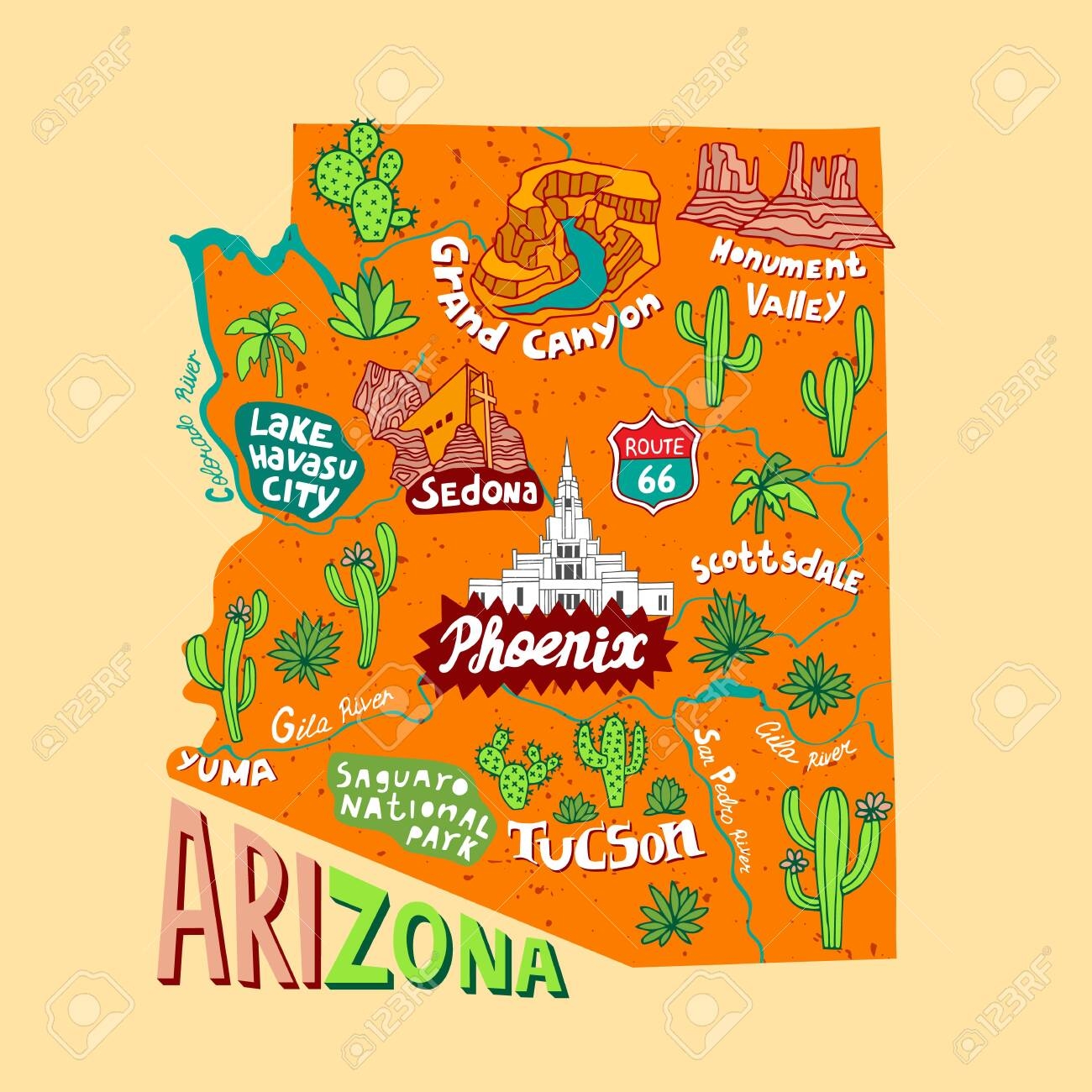Illustrated Map Of Arizona State USA Travel And Attractions Souvenir Print Royalty Free SVG Cliparts Vectors And Stock Illustration Image 151360894 