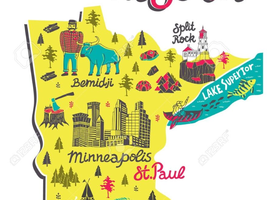 Illustrated Map Of Minnesota USA Travel And Attractions Souvenir Print Royalty Free SVG Cliparts Vectors And Stock Illustration Image 150531384