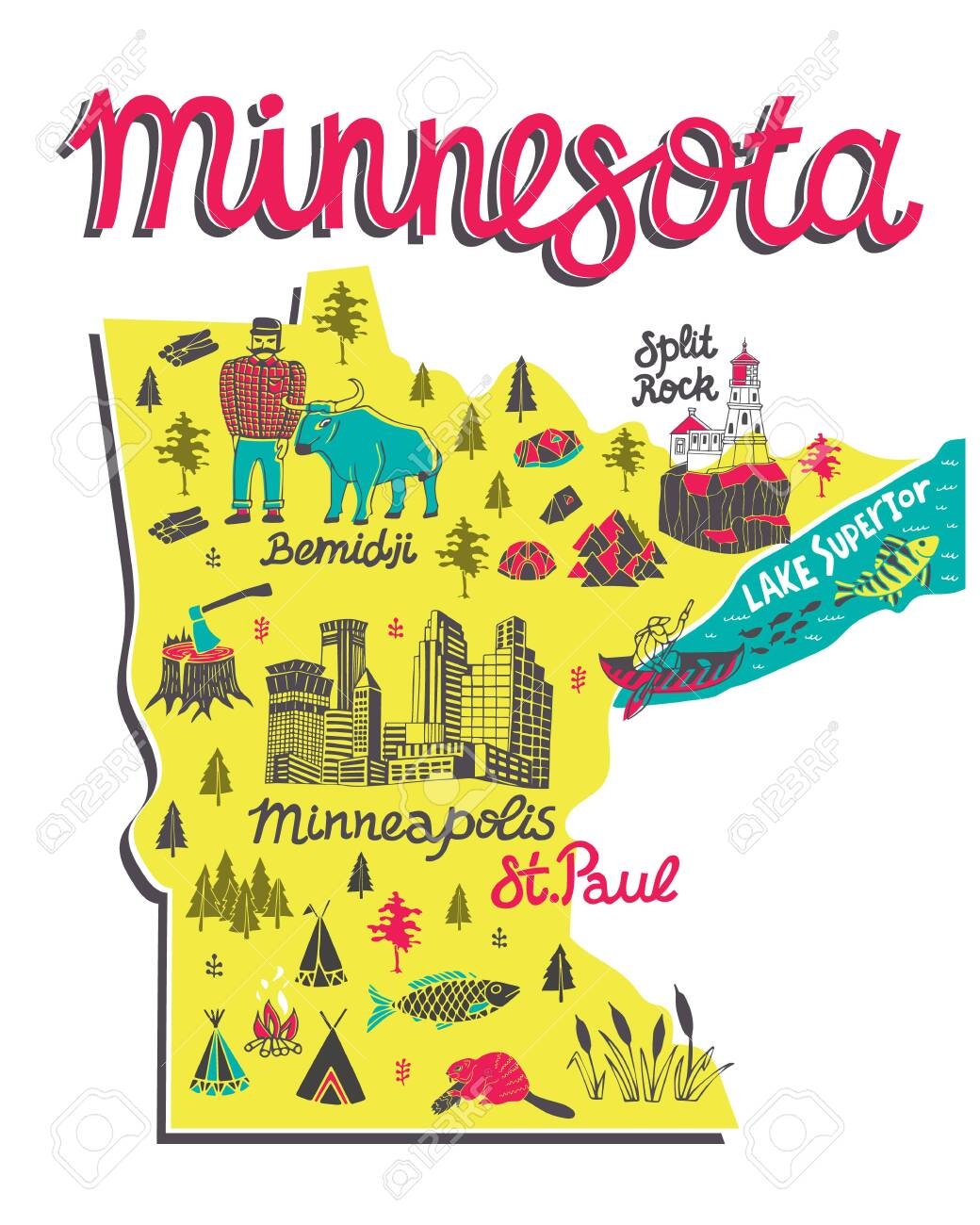 Illustrated Map Of Minnesota USA Travel And Attractions Souvenir Print Royalty Free SVG Cliparts Vectors And Stock Illustration Image 150531384 