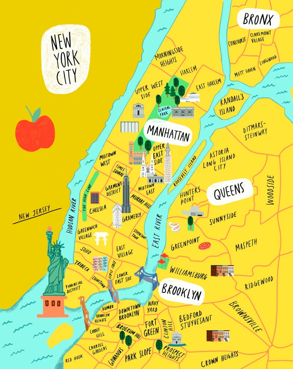 Illustrated Map Of NYC New York City 8x10 Etsy