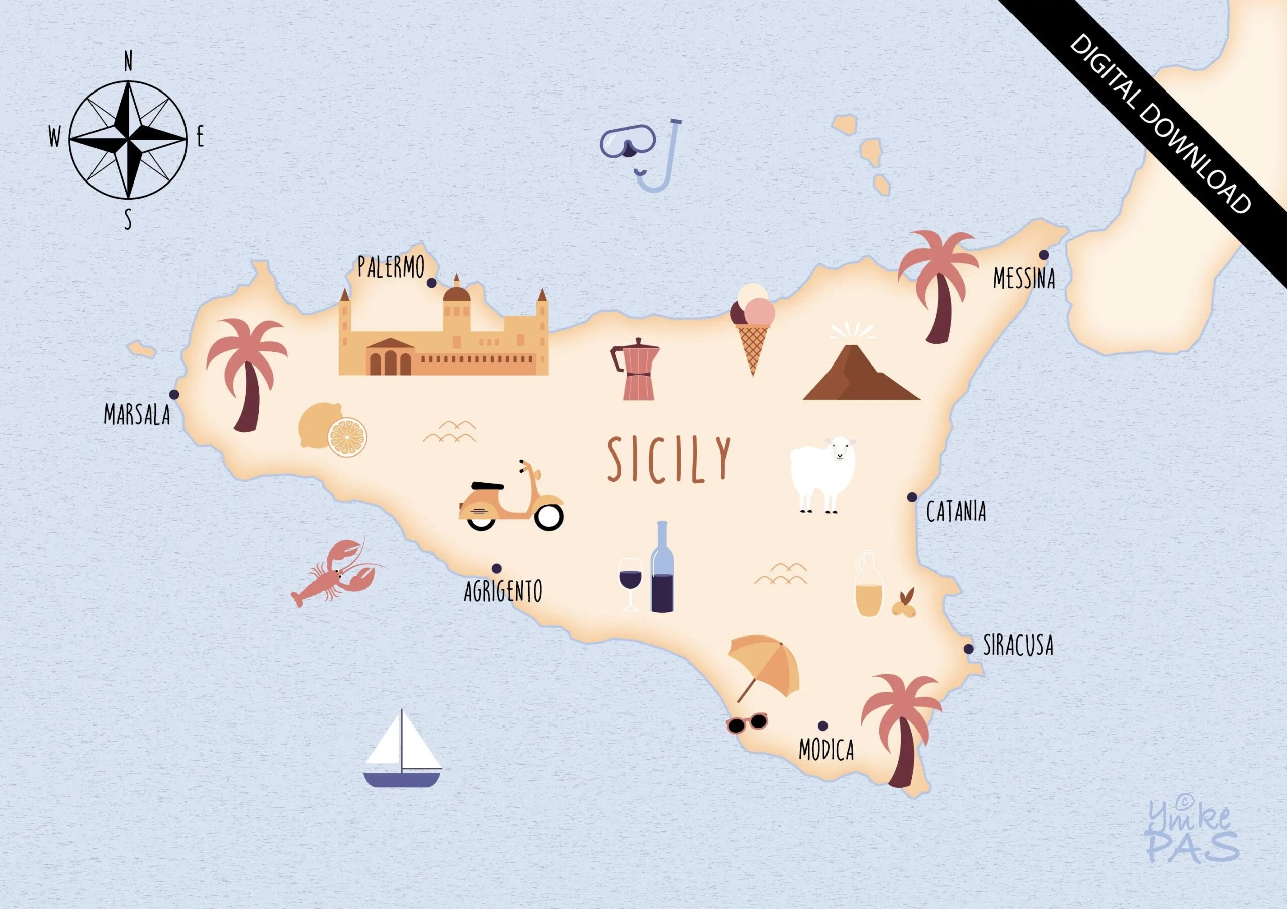 Illustrated Map Of Sicily Art Print Poster Travel Map Digital Download Etsy