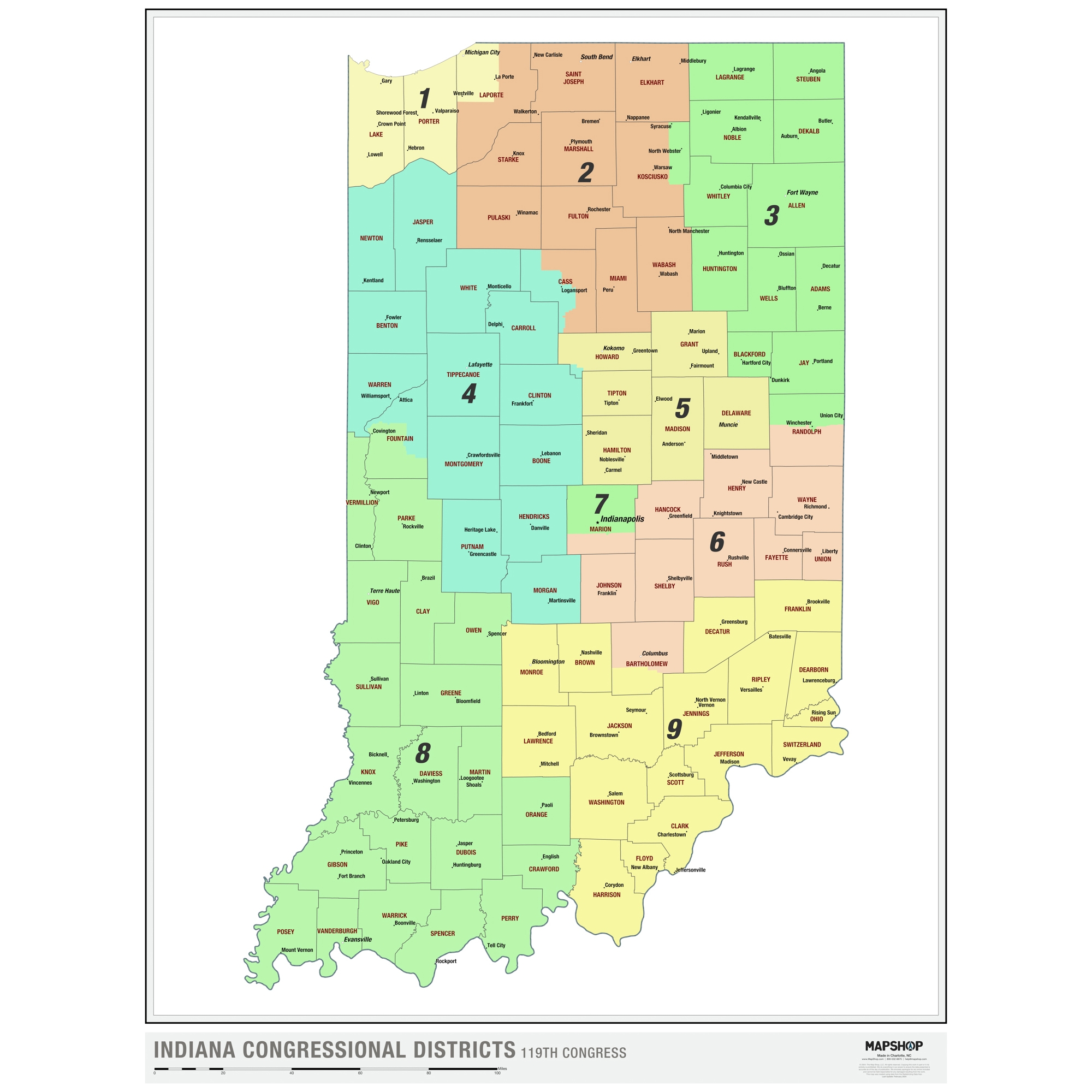 Indiana 2024 Congressional Districts Wall Map By MapShop The Map Shop Indiana 2024 Congressional Districts Wall Map By MapShop The Map Shop