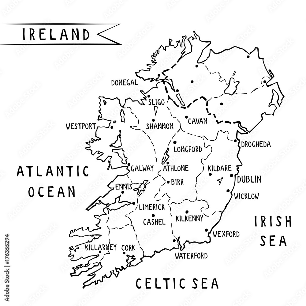 Ireland Hand Drawn Map Vector Illustration With Main Cities Including Dublin Ink Freehand Image Of Irish Territory Surrounded By Ocean An Sees Template For Tourist Guides Postcards And Merchandise Stock Vector 