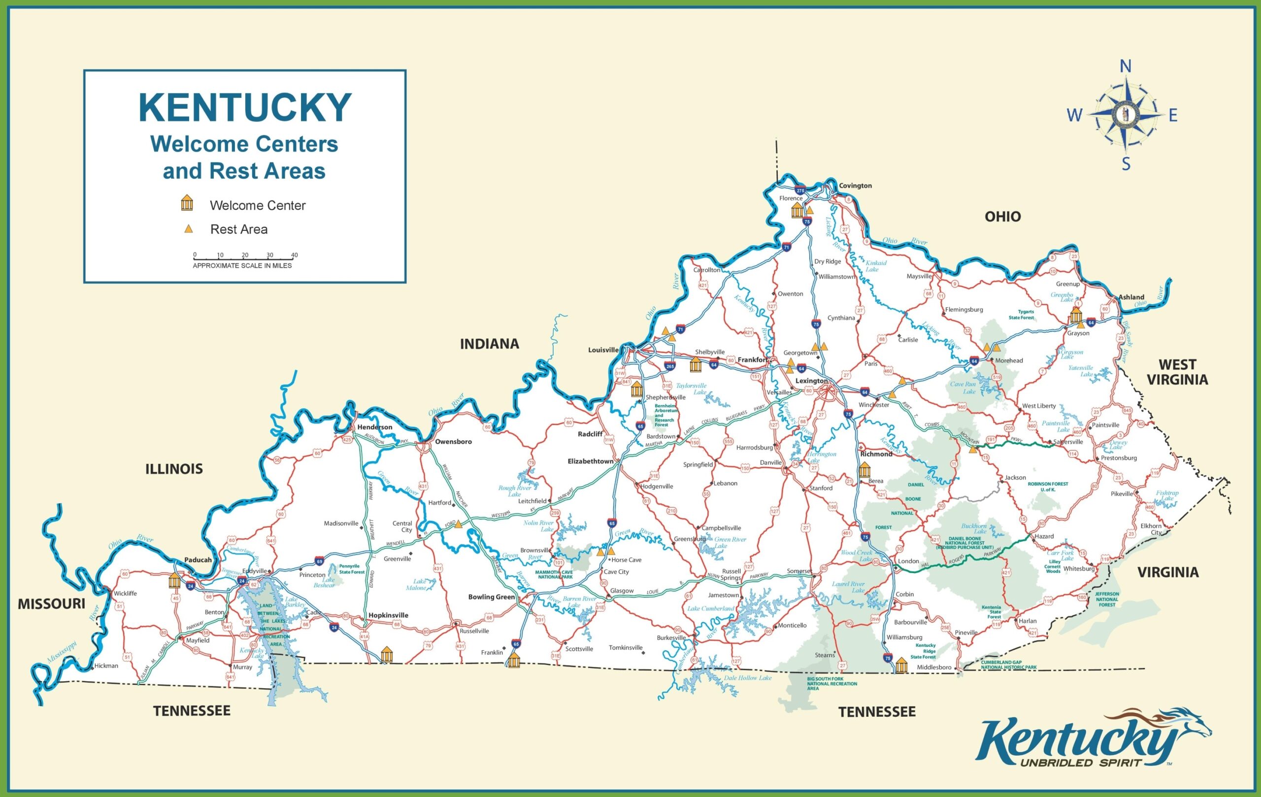 Kentucky Printable Map With Landmarks And Attractions