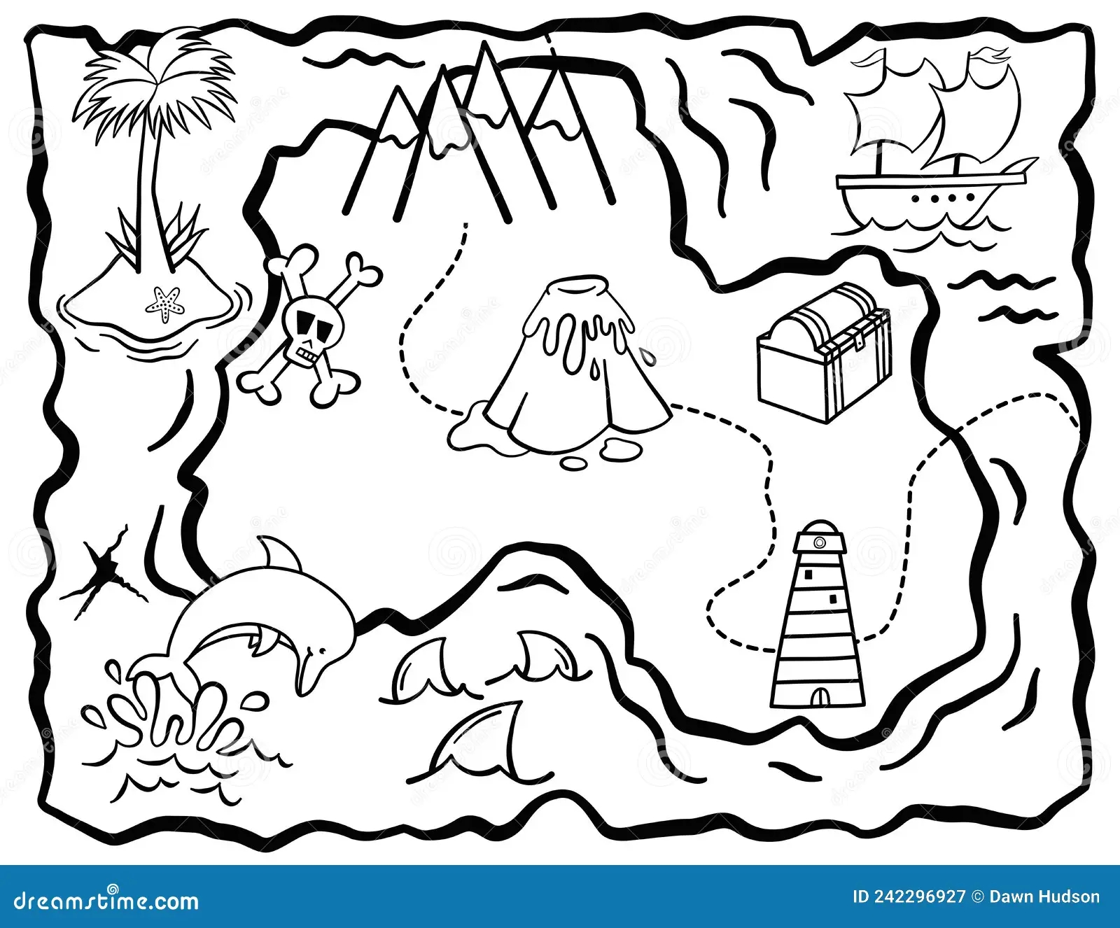 Kids Treasure Map Activity Coloring Page Stock Vector Illustration Of Coloring Mountain 242296927
