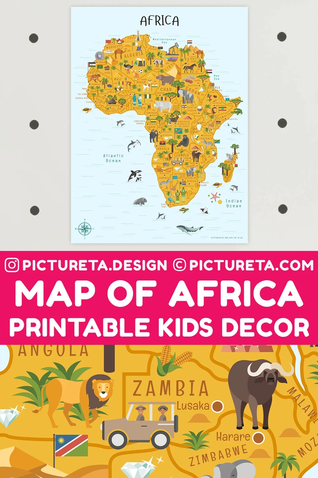 Kids Wall Art Africa Map Art Playroom Decor INSTANT DOWNLOAD Classroom Decor Homeschool Montessori Map Of Africa African Animals Etsy