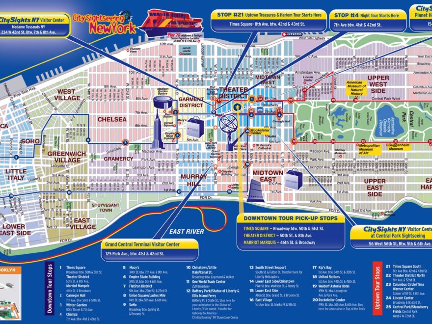 Large City Sights Map Of Manhattan New York City New York USA United States Of America North America Mapsland Maps Of The World