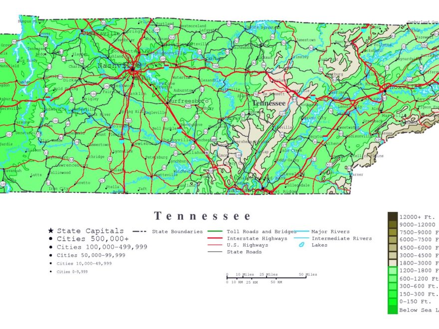 Large Detailed Elevation Map Of Tennessee State With Roads Highways And Cities Vidiani Maps Of All Countries In One Place