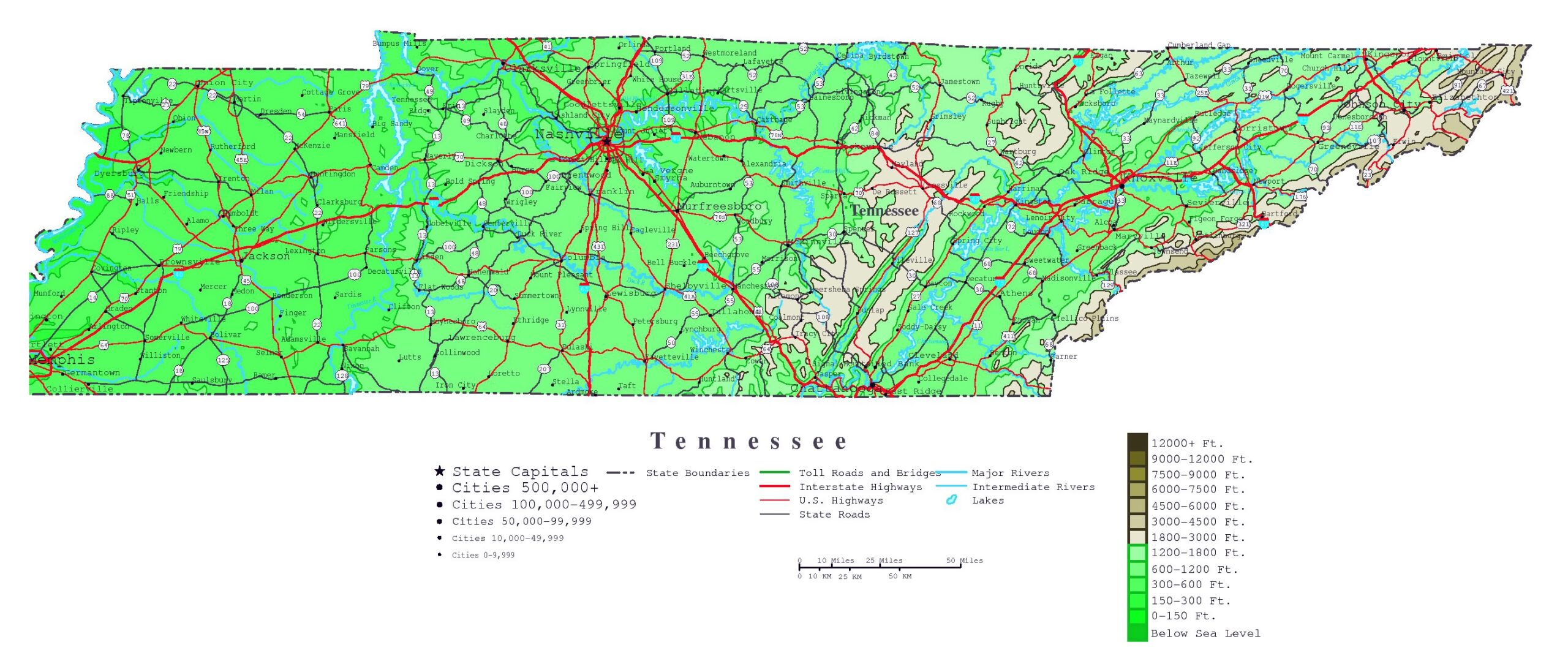 Large Detailed Elevation Map Of Tennessee State With Roads Highways And Cities Vidiani Maps Of All Countries In One Place