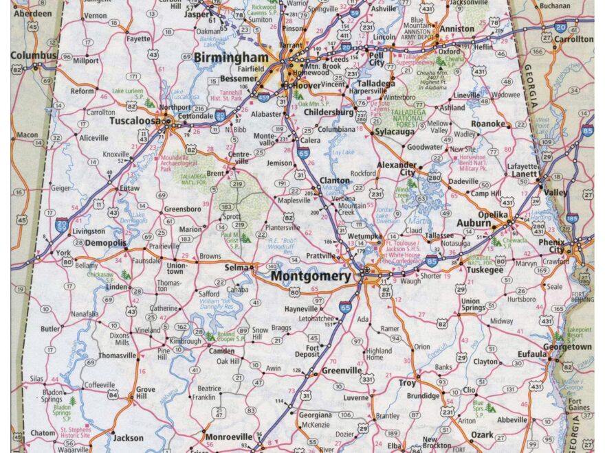 Large Detailed Road Map Of Alabama With All Cities Vidiani Maps Of All Countries In One Place