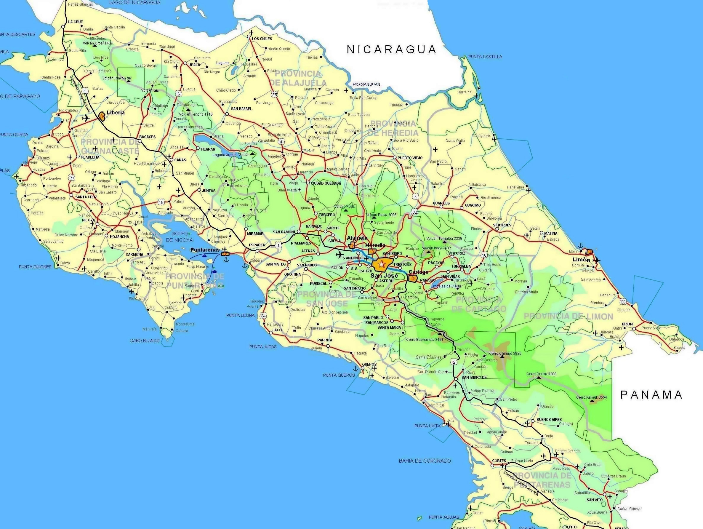 Large Detailed Road Map Of Costa Rica Costa Rica North America Mapsland Maps Of The World