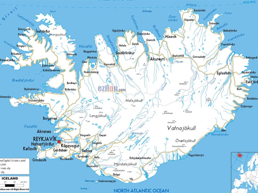 Large Detailed Road Map Of Iceland With All Cities And Airports Vidiani Maps Of All Countries In One Place