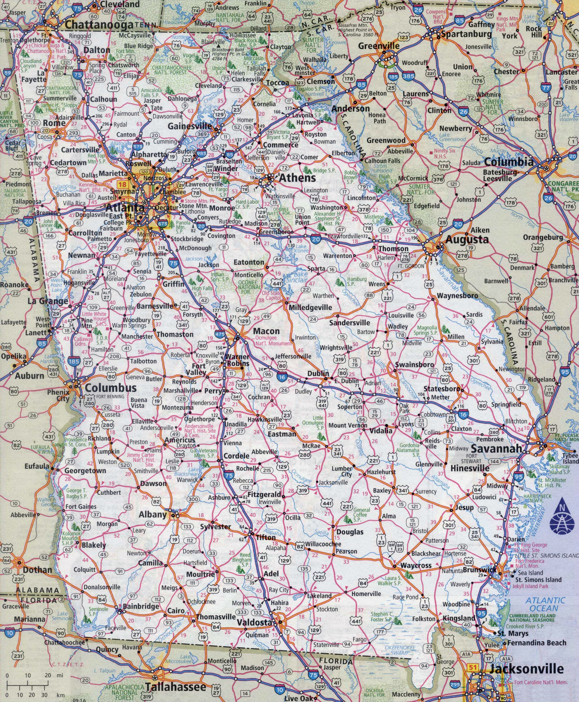 Large Detailed Roads And Highways Map Of Georgia State With All Cities Vidiani Maps Of All Countries In One Place