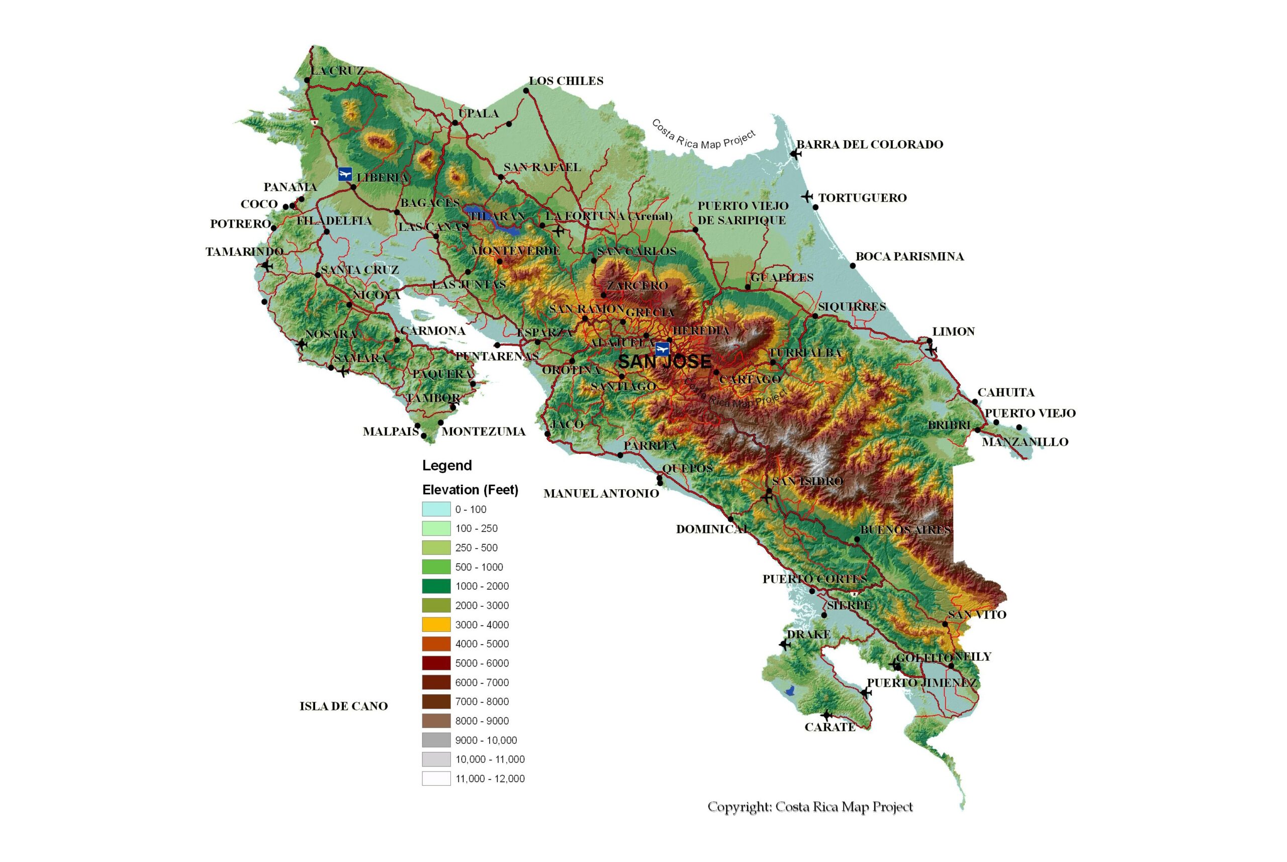 Large Detailed Topography Map Of Costa Rica With Roads Major Cities And Airports Costa Rica North America Mapsland Maps Of The World