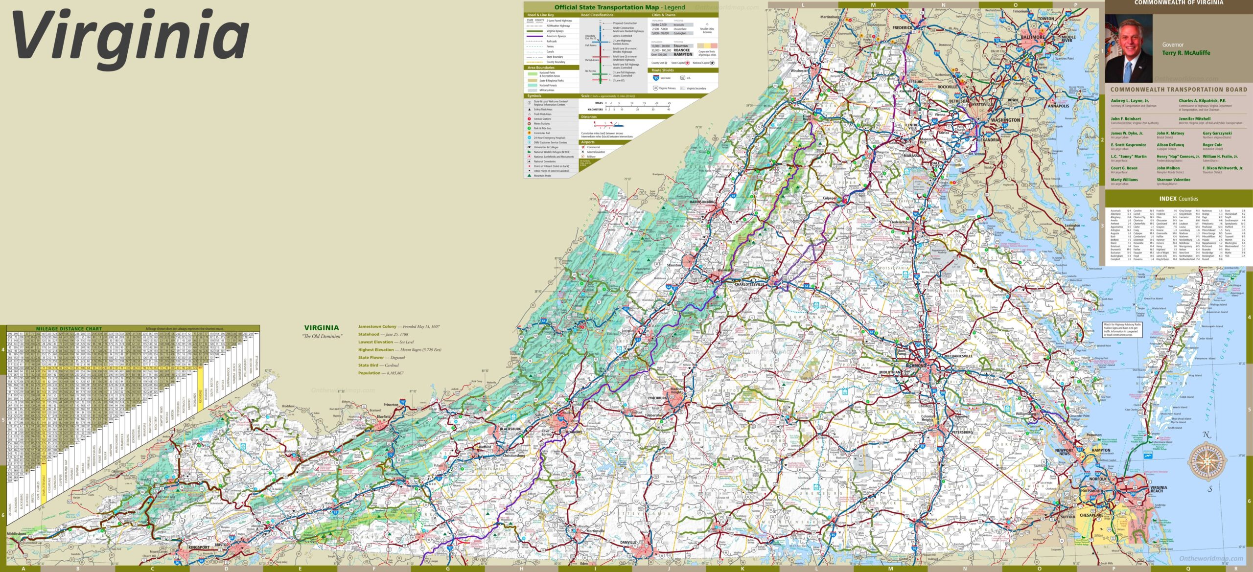 Large Detailed Tourist Map Of Virginia With Cities And Towns Ontheworldmap