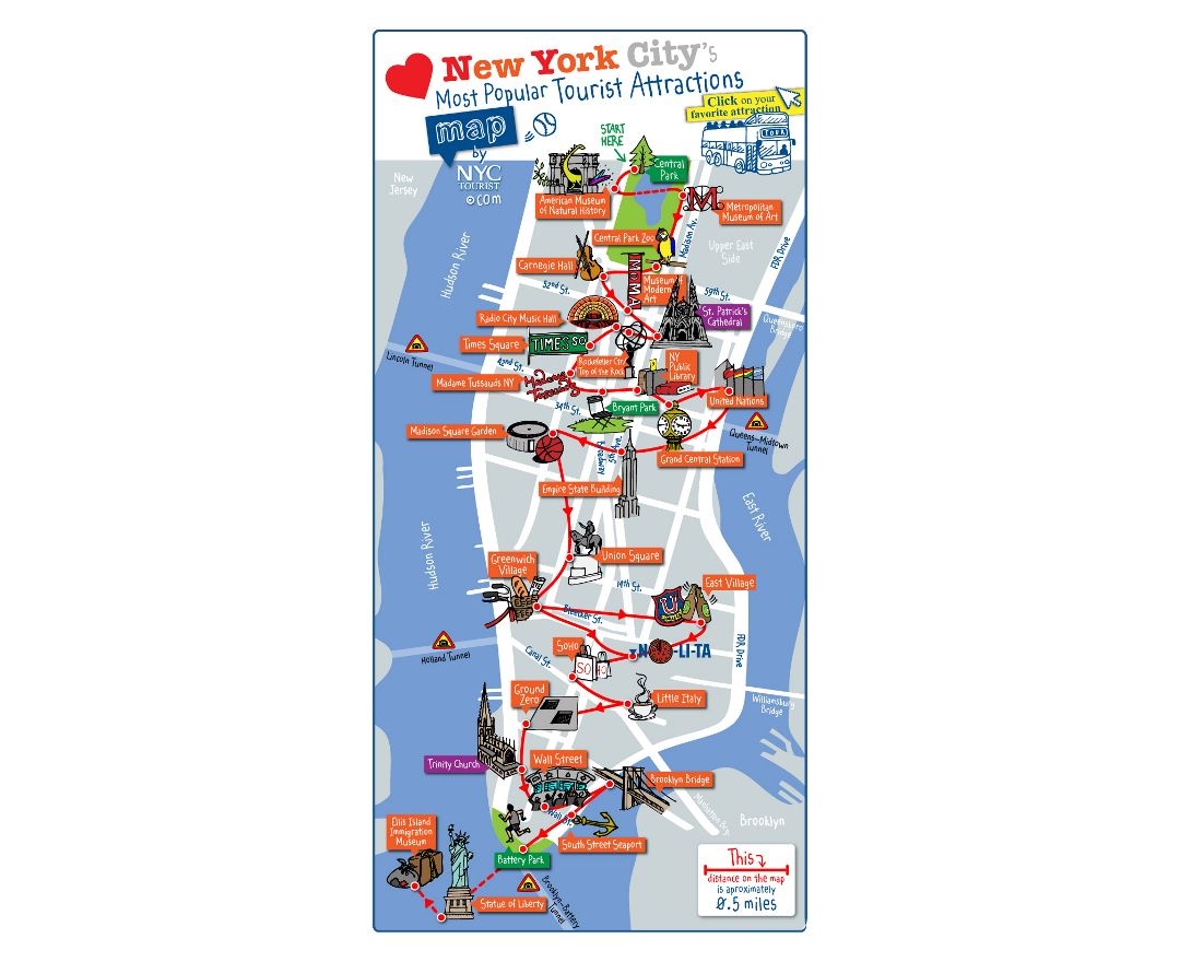 Large Illustrated Tourist Map Of New York City Vidiani Worksheets Library