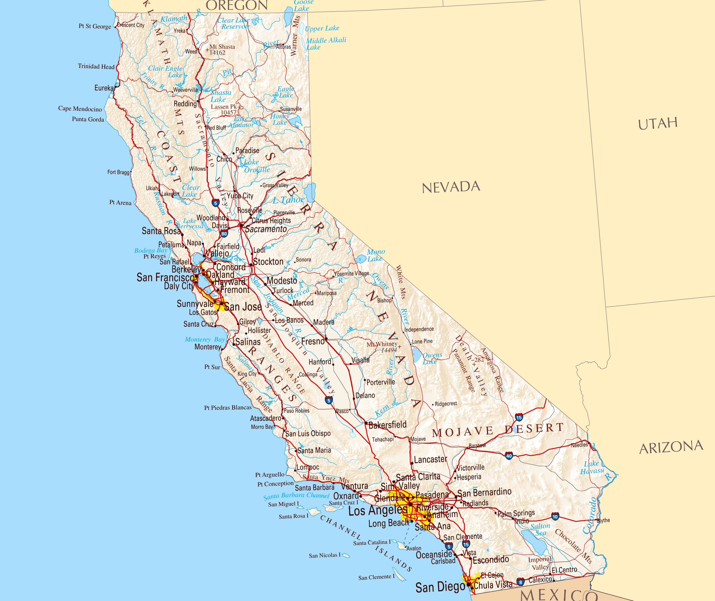Large Road Map Of California Sate With Relief And Cities Vidiani Maps Of All Countries In One Place