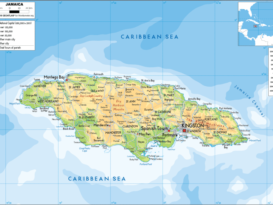 Large Size Physical Map Of Jamaica Worldometer