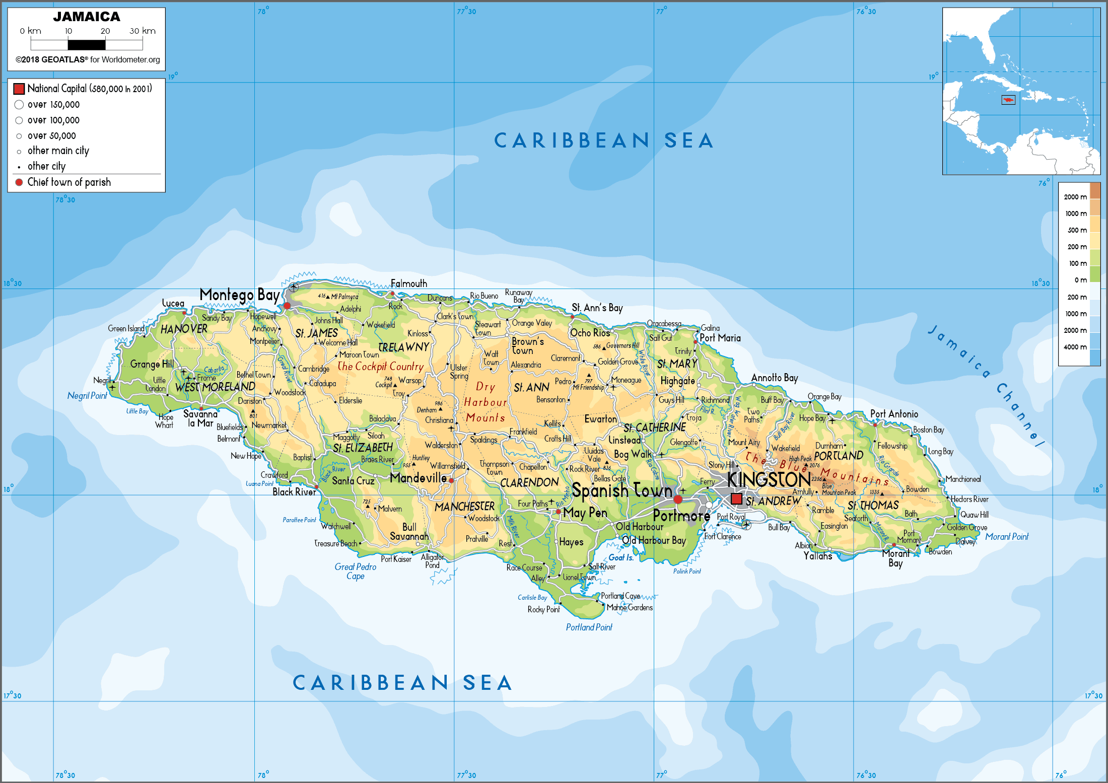 Large Size Physical Map Of Jamaica Worldometer