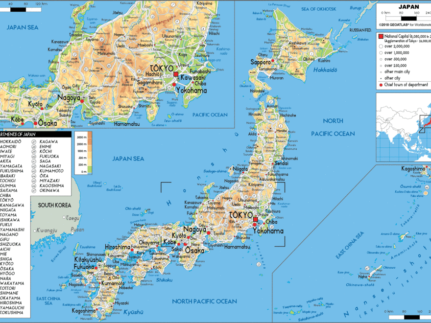 Large Size Physical Map Of Japan Worldometer