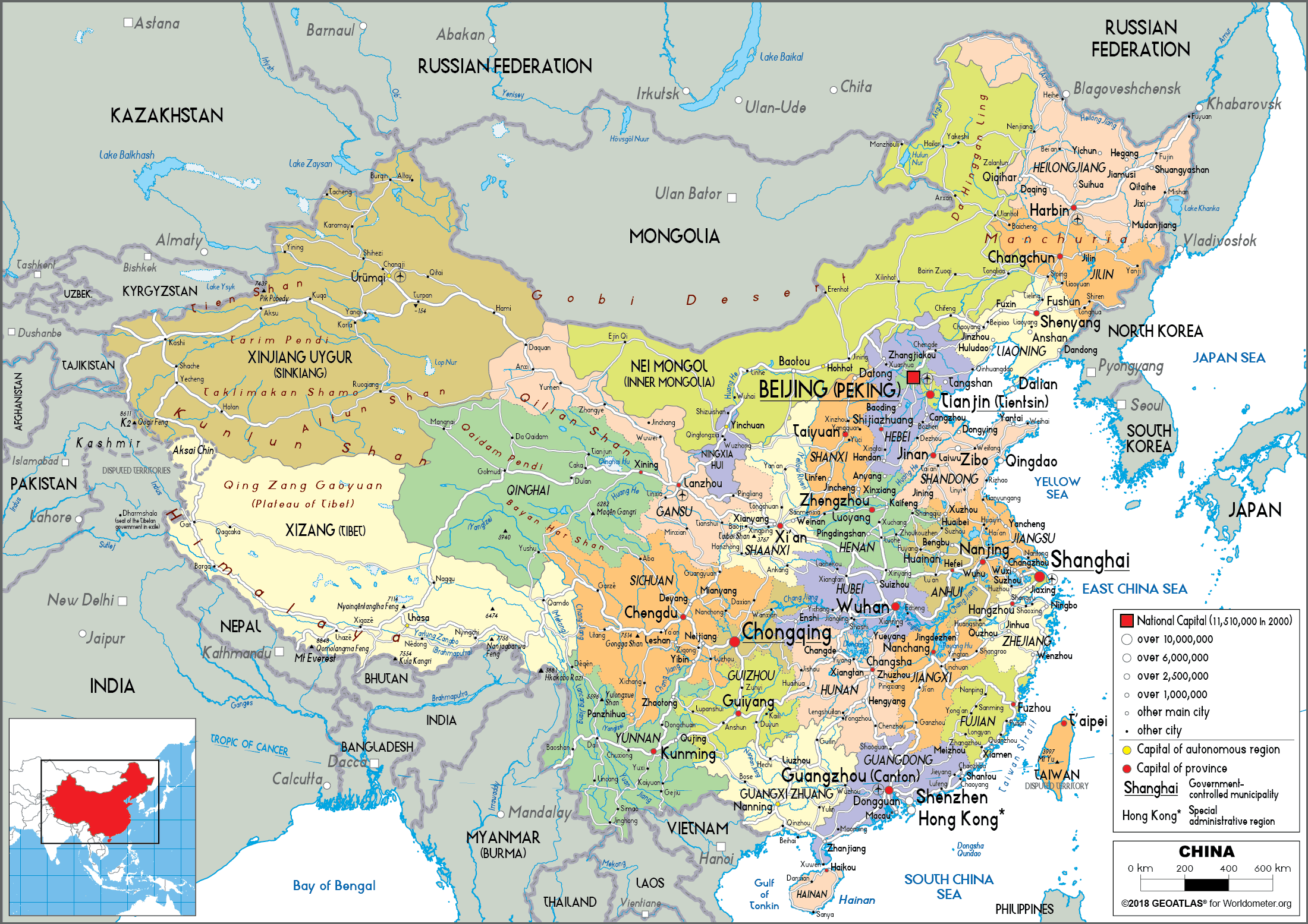 Large Size Political Map Of China Worldometer